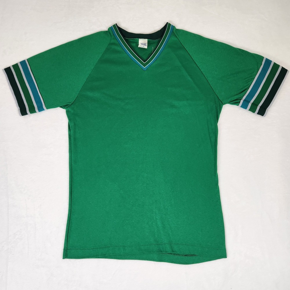 Vintage Bike Athletic Jersey Shirt Mens Large Green V-Neck Raglan Made in USA